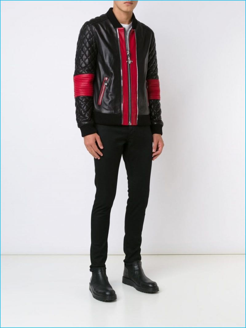 Philipp Plein Leather Quilted Sleeve Bomber Jacket