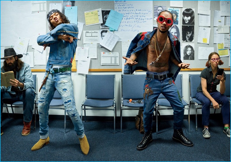 Hip-Hop duo Rae Sremmurd, which features brothers Khalif "Swae Lee" Brown and Aaquil "Slim Jxmmi" Brown pictured in Dolce & Gabbana denim with underwear Polo Ralph Lauren, belt Tom Ford, boots Givenchy, backpack Louis Vuitton and sunglasses Jeremy Scott x Linda Farrow.