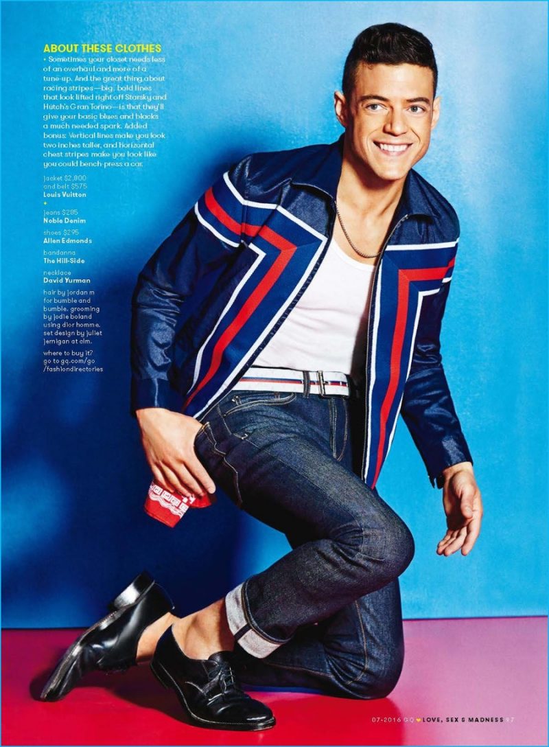 Rami Malek makes a graphic impression in a Louis Vuitton jacket with Noble Denim jeans.