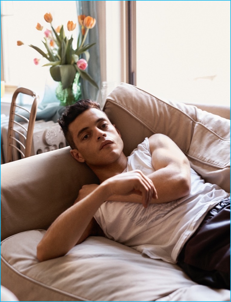 Rami Malek relaxes in a vintage t-shirt and leather Rag & Bone pants. » Rami Malek Links Up with Interview for Shoot, Talks Future Roles Rami Malek relaxes in a vintage t-shirt and leather Rag & Bone pants.