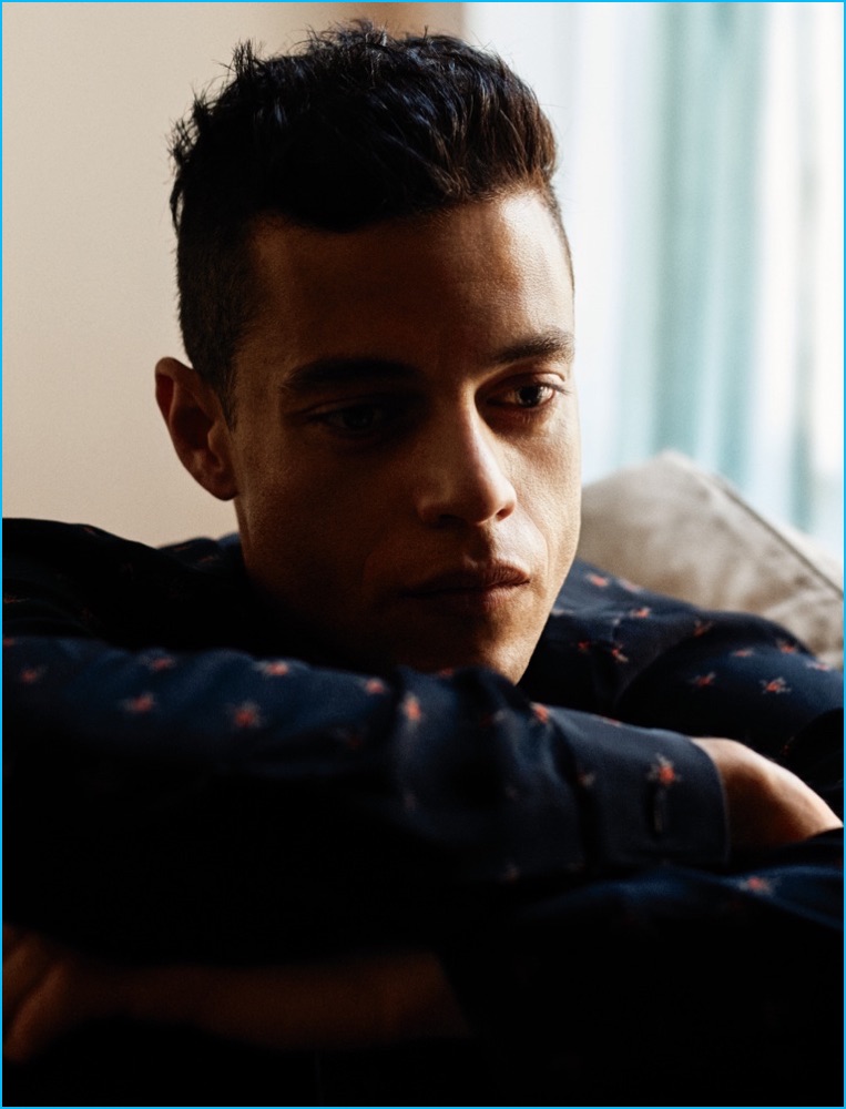 Rami Malek pictured in a Givenchy shirt for Interview magazine.