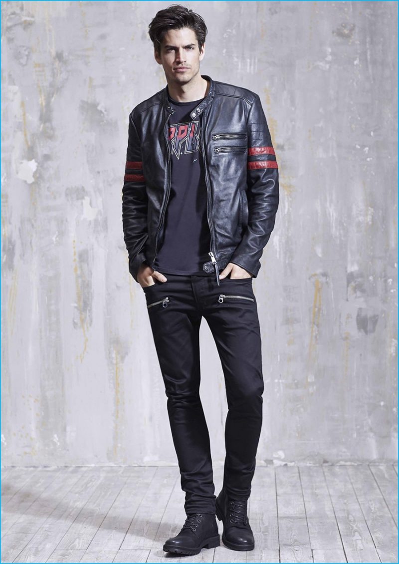 Replay revisits its biker heritage with a leather moto jacket and skinny zipper adorned jeans.