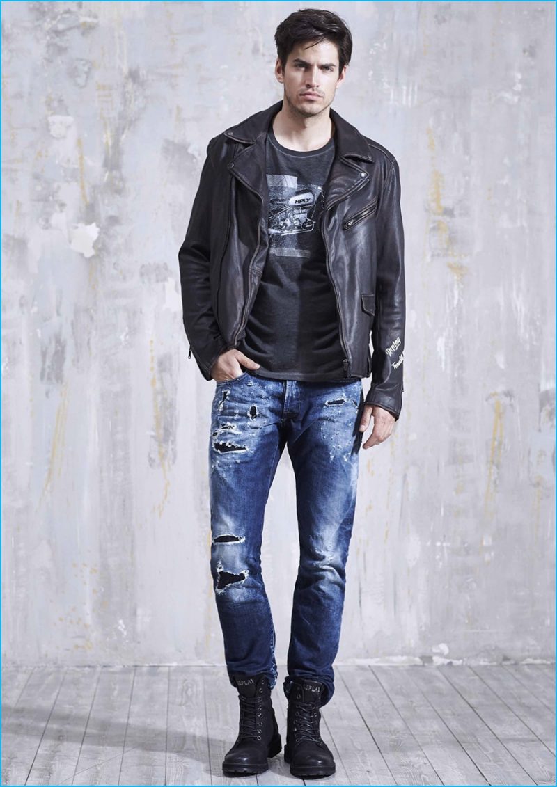 Replay stands by the essential leather biker jacket for fall-winter 2016. » Replay Embraces Modern Ease for Fall Collection Replay stands by the essential leather biker jacket for fall-winter 2016.