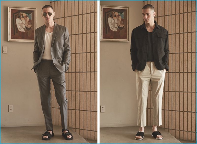 Left: Harmony double-breasted blazer and trousers, Our Legacy tank, Ahlem sunglasses and Suicoke sandals. Right: Helmut Lang patch pocket jacket, Harmony trousers, John Elliott t-shirt and Our Legacy slip-on sandals.