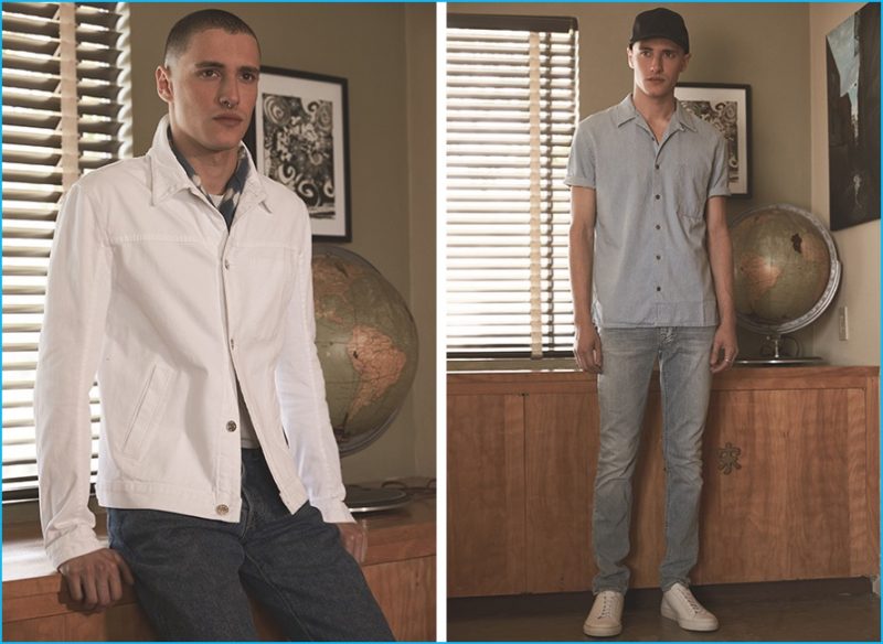 Left: Helmut Lang denim jacket, The Hill-Side Japanese selvedge denim jeans and hand-dyed Murakumo Shibor bandana and oversized tee and Golden Goose Superstar sneakers. Right: Nudie Jeans Cuban collared shirt and Thin Finn denim jeans, Common Projects Original Achilles low sneakers and Herschel Supply Co. cap.