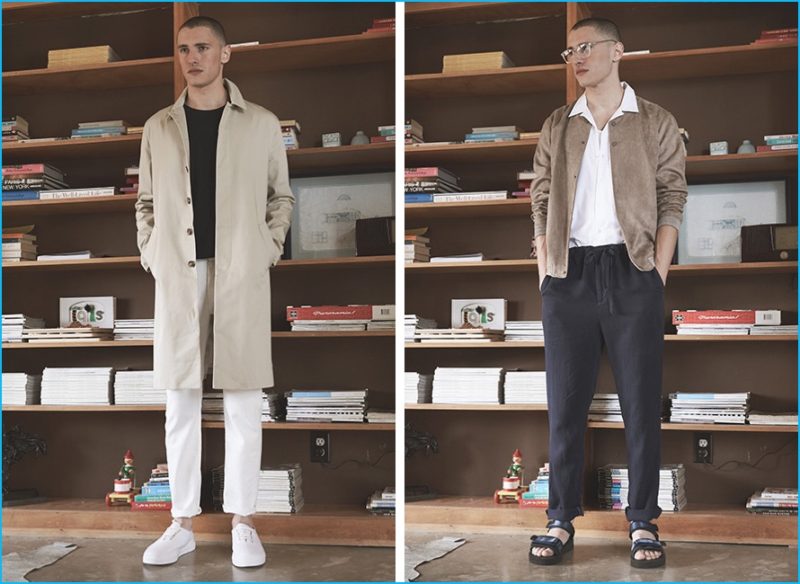 Left: Harmon coat, Helmut Lang oversized tee, John Elliott jeans and EYTYS sneakers. Right: Native Youth brushed bomber jacket, Harmony shirt, Outerknown pants and Robert Geller X Suicoke sandals.