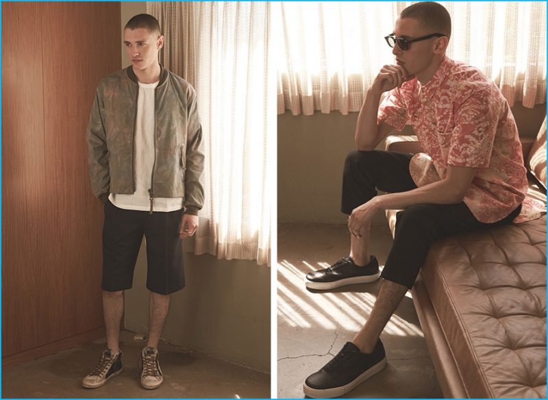 Left: Our Legacy bomber jacket, John Elliott t-shirt, Harmony shorts and Golden Goose sneakers. Right: Our Legacy shirt, Helmut Lang cropped, pleated trousers and EYTYS sneakers.