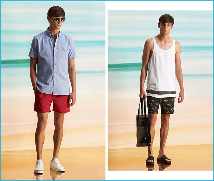 Barney Cools shirt, Saturdays NYC board shorts, Retrosuperfuture Riviera sunglasses and Vans Old Skool sneakers. Scotch & Soda tank, Barneys Cool swim shorts, EYTYS Void SM tote and Brandblack sandals.