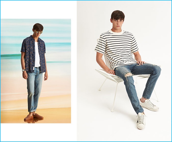 Left to Right: Native Youth print shirt, Stussy tank, Levi's Premium 511 selvedge denim jeans, Steven Alan Willard sunglasses and H by Hudson Ipanema shoes. Wil Fry stripe tee, Ksubi Van Winkle distressed jeans and Golden Goose Superstar sneakers.