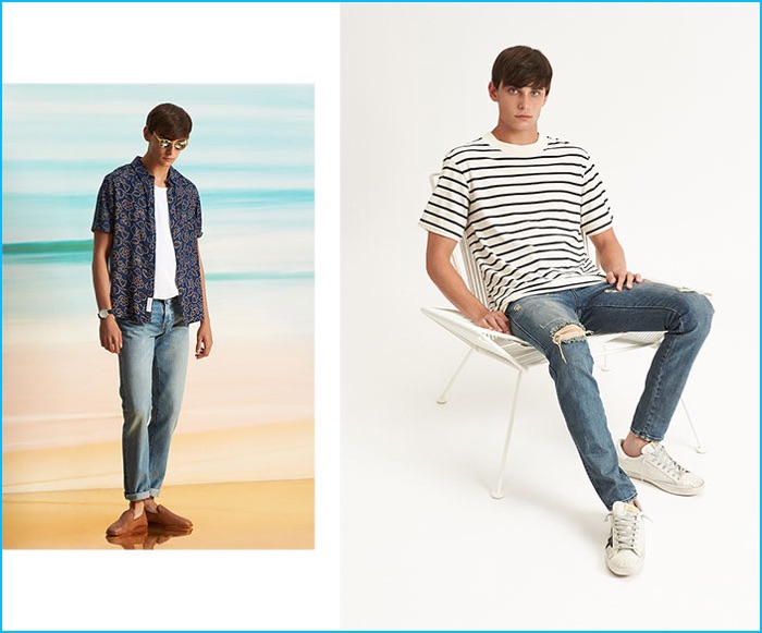 Revolve Summer Beach Style (Left to Right): Native Youth print shirt, Stussy tank, Levi's Premium 511 selvedge denim jeans, Steven Alan Willard sunglasses and H by Hudson Ipanema shoes. Wil Fry stripe tee, Ksubi Van Winkle distressed jeans and Golden Goose Superstar sneakers.