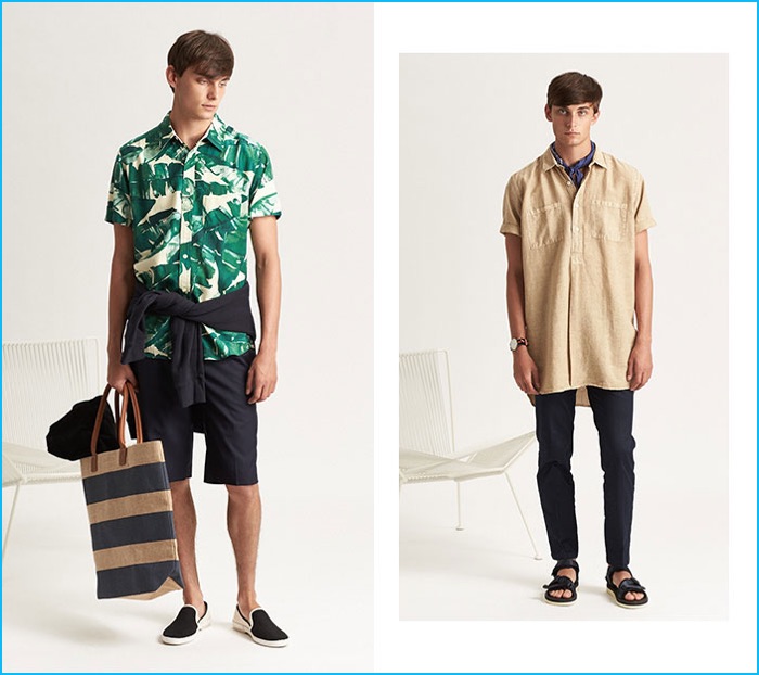 Left to Right: Deus Ex Machina print shirt, Harmony pleated shorts, Stussy basic crew, Apolis beach tote, Saturdays NYC towel and Rivieras slip-ons. Our Legacy popover shirt, Zanerobe chinos, Suicoke sandals and Daniel Wellington watch.