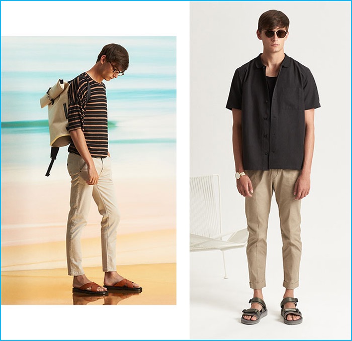 Left to Right: Publish stripe tee, I Love Ugly smart pants, EYTYS backpack and Dr Martens sandals. Stussy vacation shirt and tank, Zanerobe chinos, Robert Geller x Suicoke sandals, Ahlem Gare St Lazare sunglasses and Nixon watch.