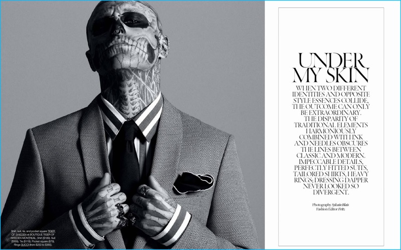 Rick Genest photographed by Sylvain Blais for Dress to Kill Men magazine.