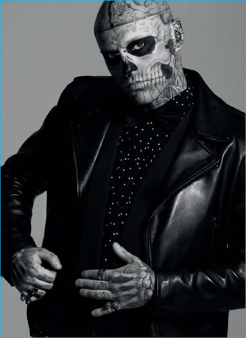 Rick Genest rocks a shirt and leather biker jacket from Saint Laurent by Hedi Slimane.