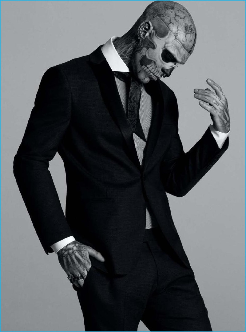 Rick Genest cuts a sartorial figure in a Tonello suit with a Hugo Boss shirt and Maison F tie.