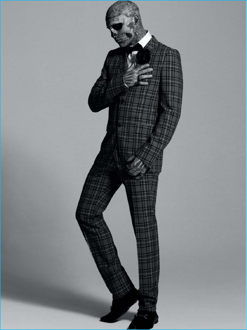 Rick Genest dons a tartan suit from Italian fashion house Gucci.
