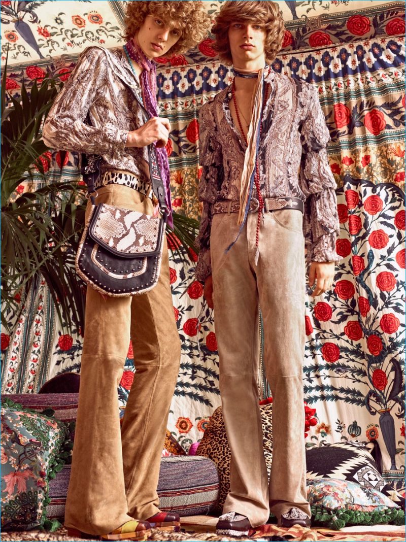 Roberto Cavalli brings a romantic element to the season with its patterned shirts.