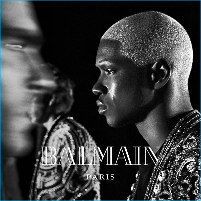 Ronald Epps goes platinum blond for Balmain's fall-winter 2016 campaign.