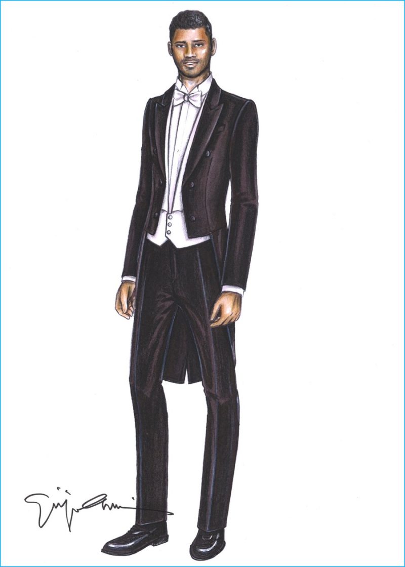 Giorgio Armani's official sketch of Russell Wilson's Made to Measure wedding look.