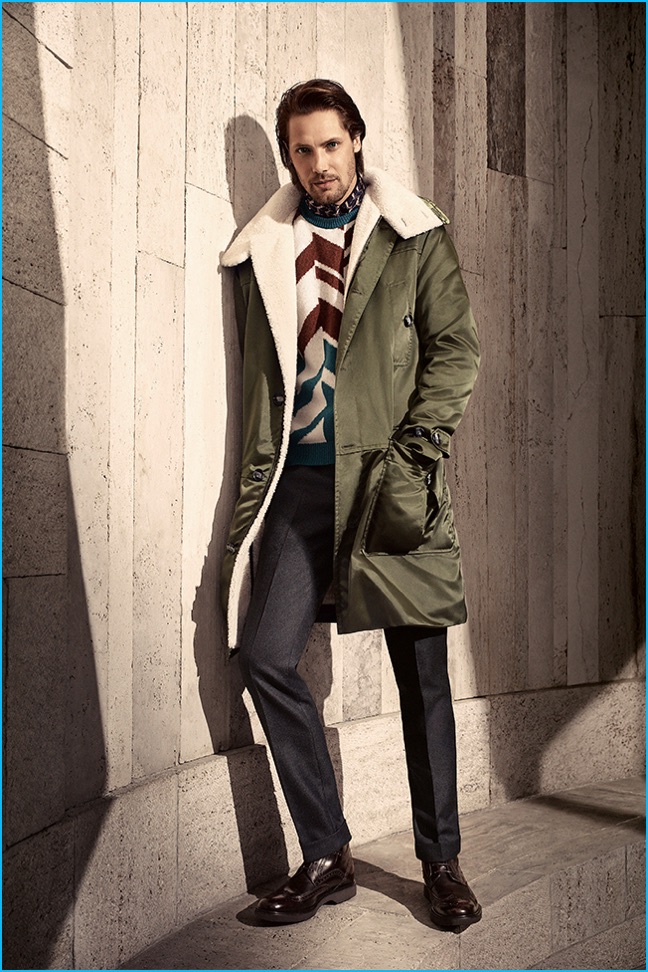 James Rousseau is front and center in a military style parka for Salvatore Ferragamo's fall-winter 2016 campaign.