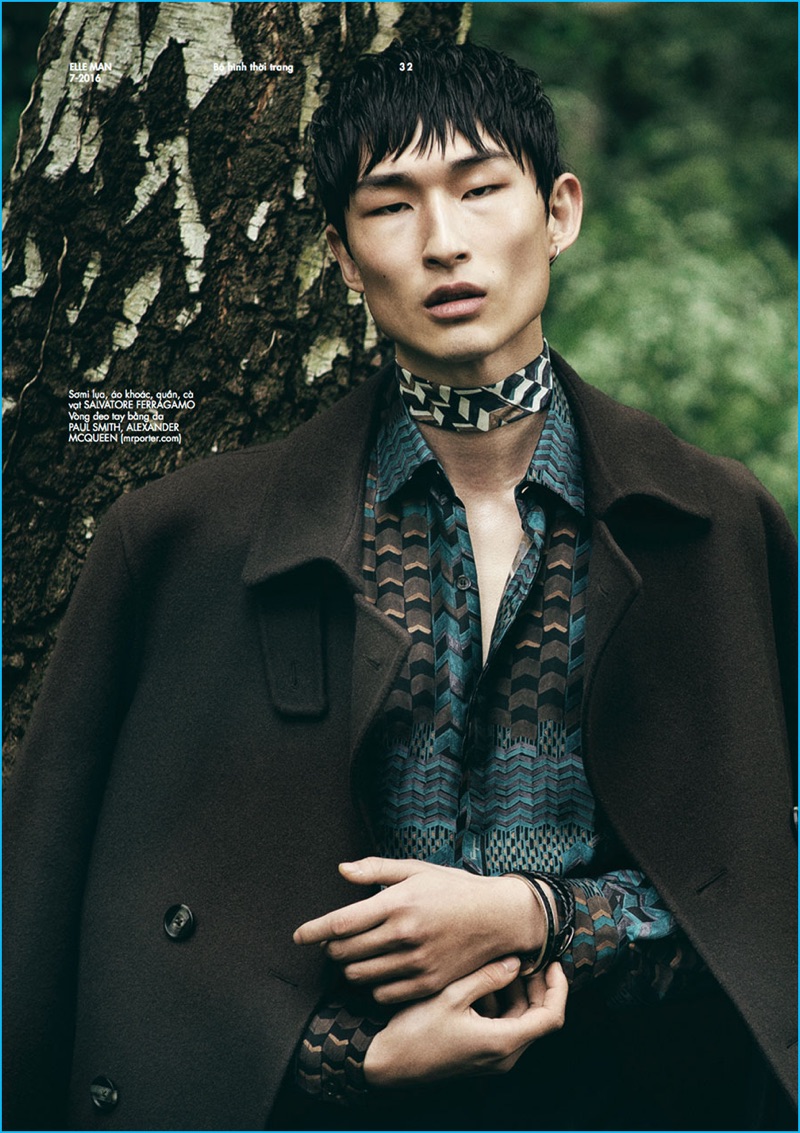 Sang Woo Kim dons fall fashions from Salvatore Ferragamo, Paul Smith and Alexander McQueen.