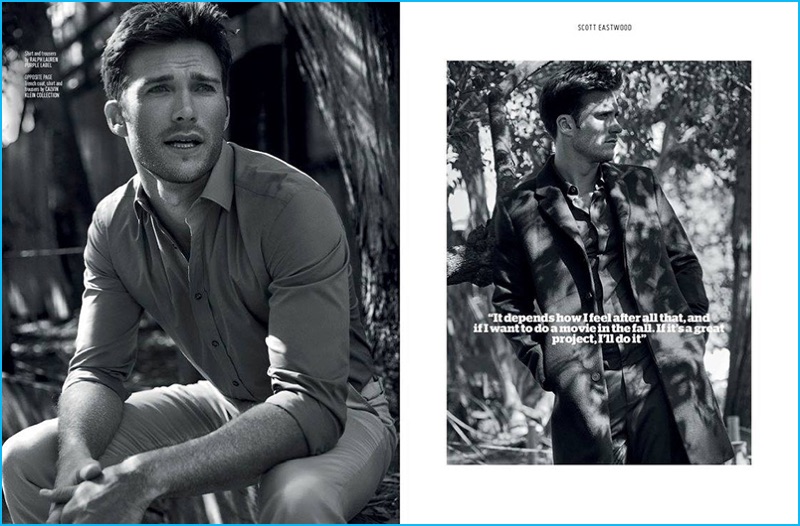 Scott Eastwood wears fashions from Ralph Lauren Purple Label and Calvin Klein Collection.