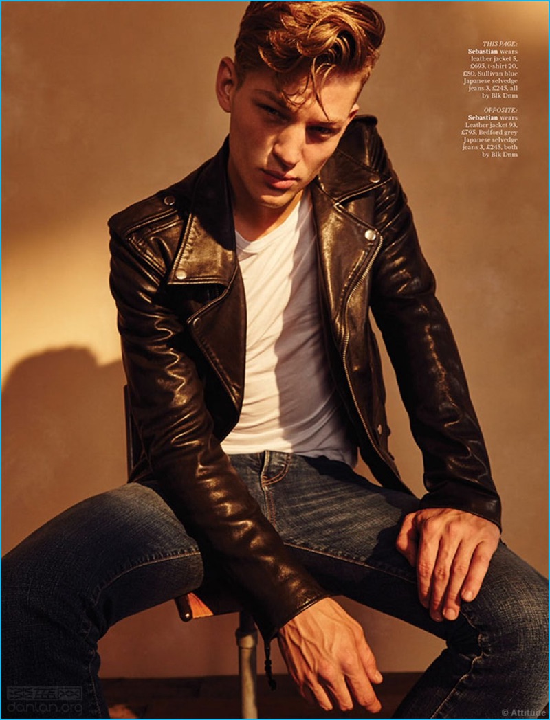 Sebastian Sauvé channels his inner cool in a leather biker jacket and denim jeans from BLK DNM.