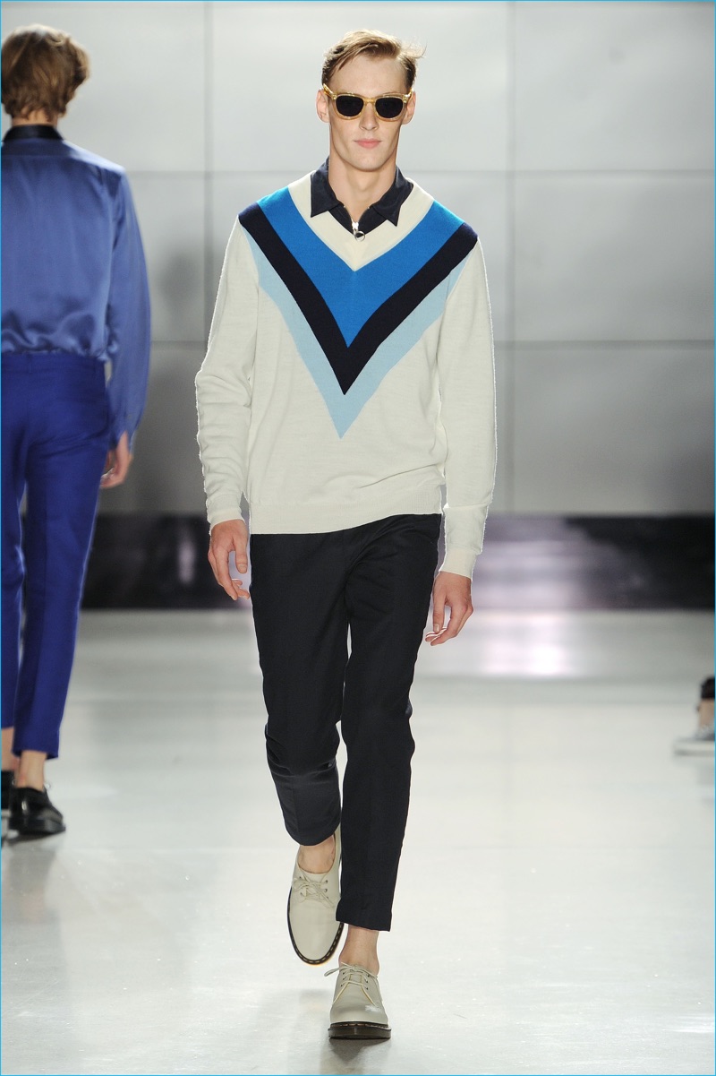 Timo Weiland goes retro with colorful v-neck sweaters for spring-summer 2017.