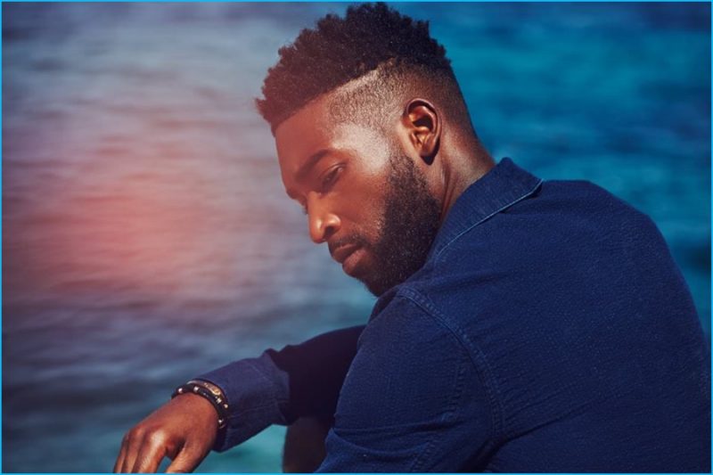 Tinie Tempah wears Officine Generale slim-fit seersucker overshirt.