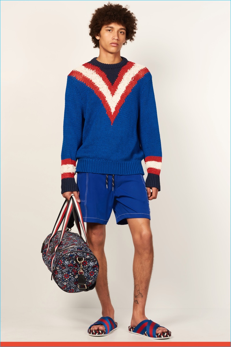 Tommy Hilfiger goes Ivy League preppy with a varsity style v-neck sweater for spring-summer 2017.