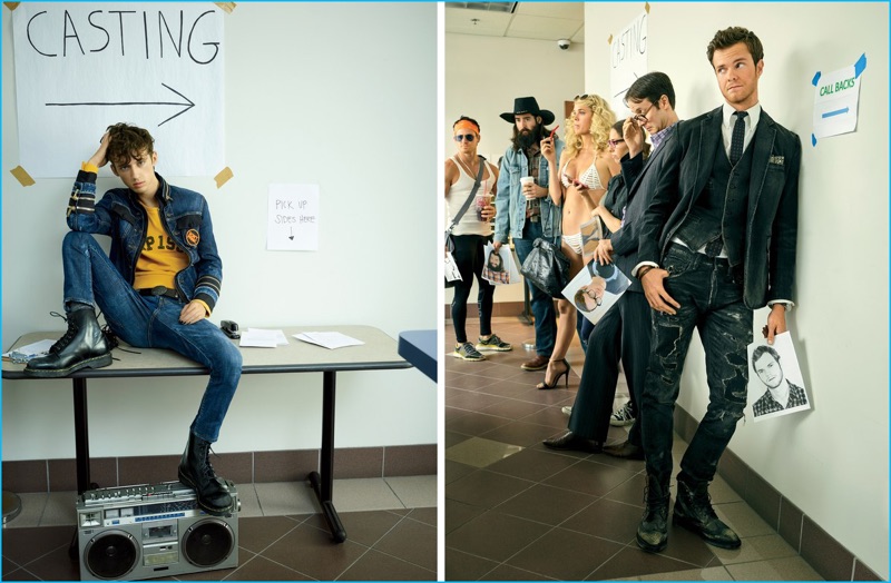 Left to Right: Singer Troye Sivan wears denim and belt Dsquared2, sweatshirt Gap and boots Dr Martens. Actor Jack Quaid wears denim jeans Ralph Lauren Denim & Supply, boots Thom Browne, pocket square Hav-A-Hank, bracelets Burkman Bros, Caputo & Co., sports jacket, vest, shirt and tie Polo Ralph Lauren.