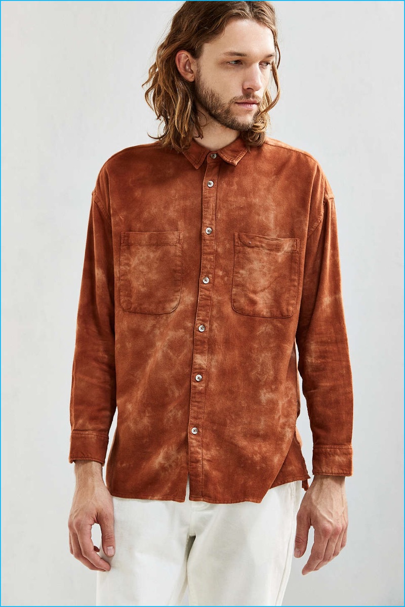 UO Acid Bleached Drop Shoulder Button-Down Shirt