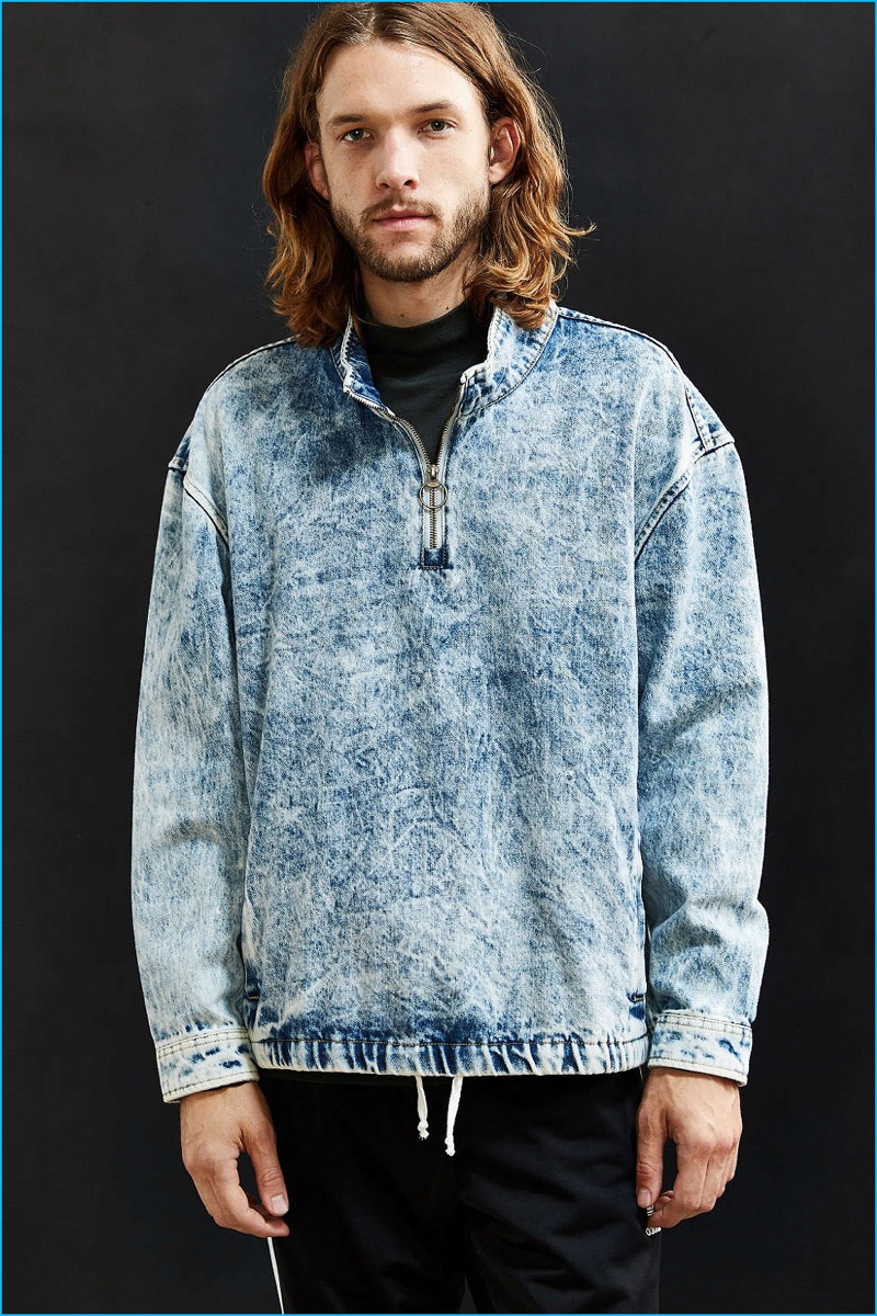 UO Bleached Denim Mock Neck Pullover Shirt