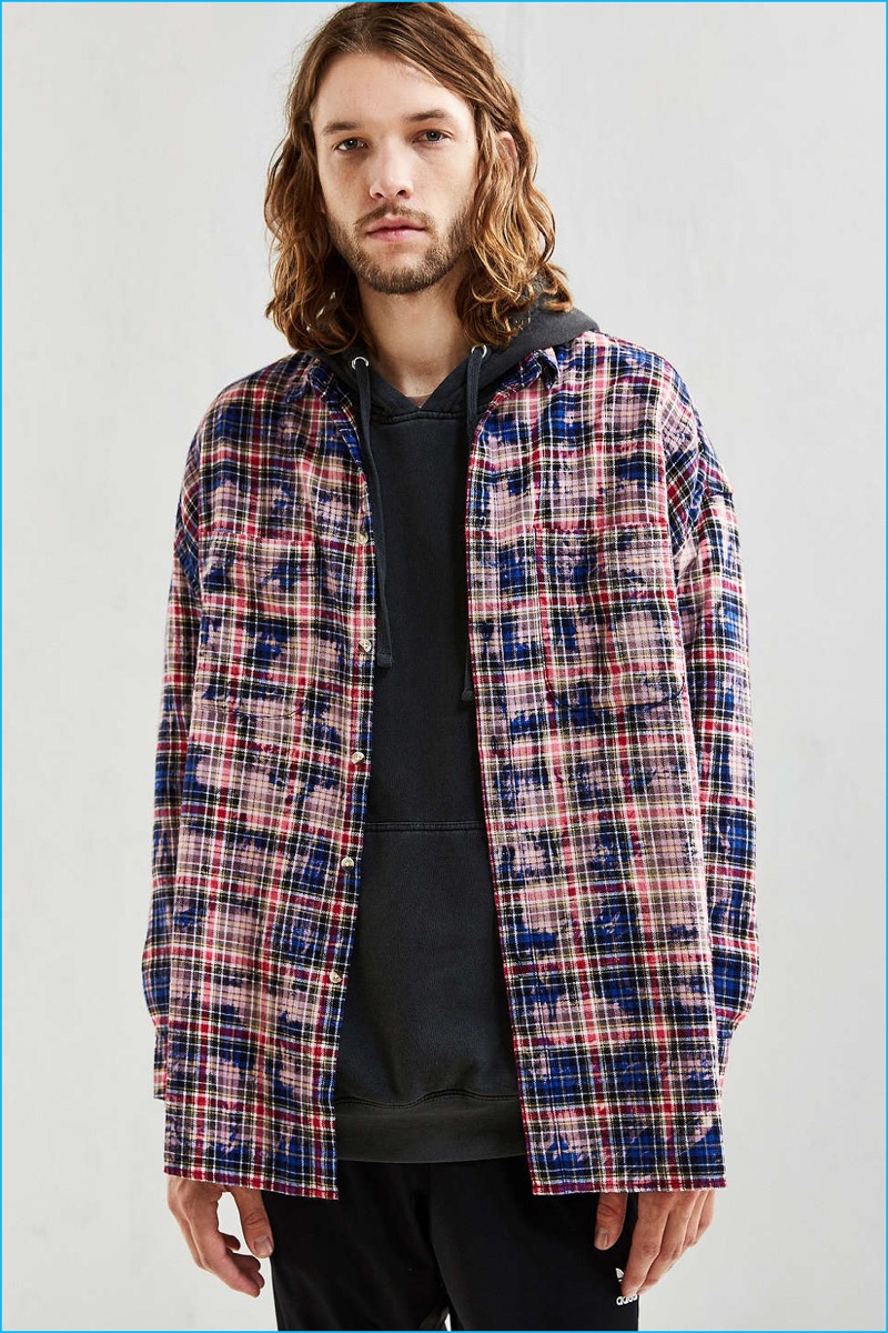 UO Bleached Out Drop Shoulder Flannel Button-Down Shirt