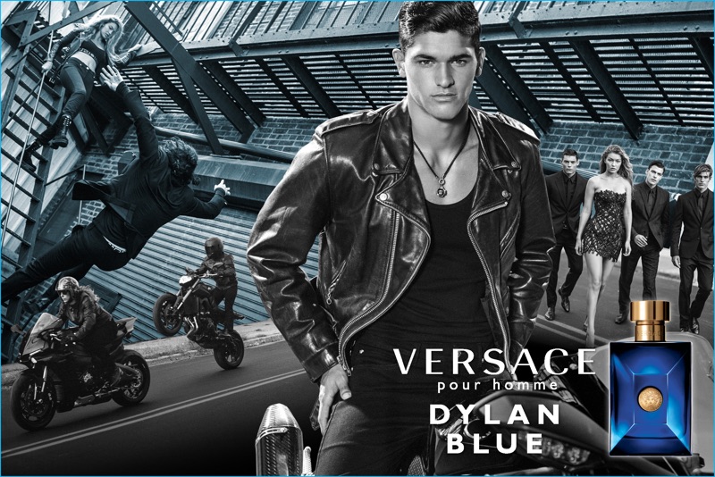 Model Trevor Signorino fronts Versace's Dylan Blue fragrance campaign.