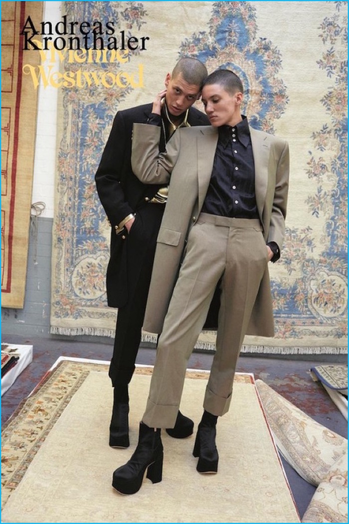 Models Tamy Glauser and Francisco don tailoring for Vivienne Westwood's fall-winter 2016 campaign.