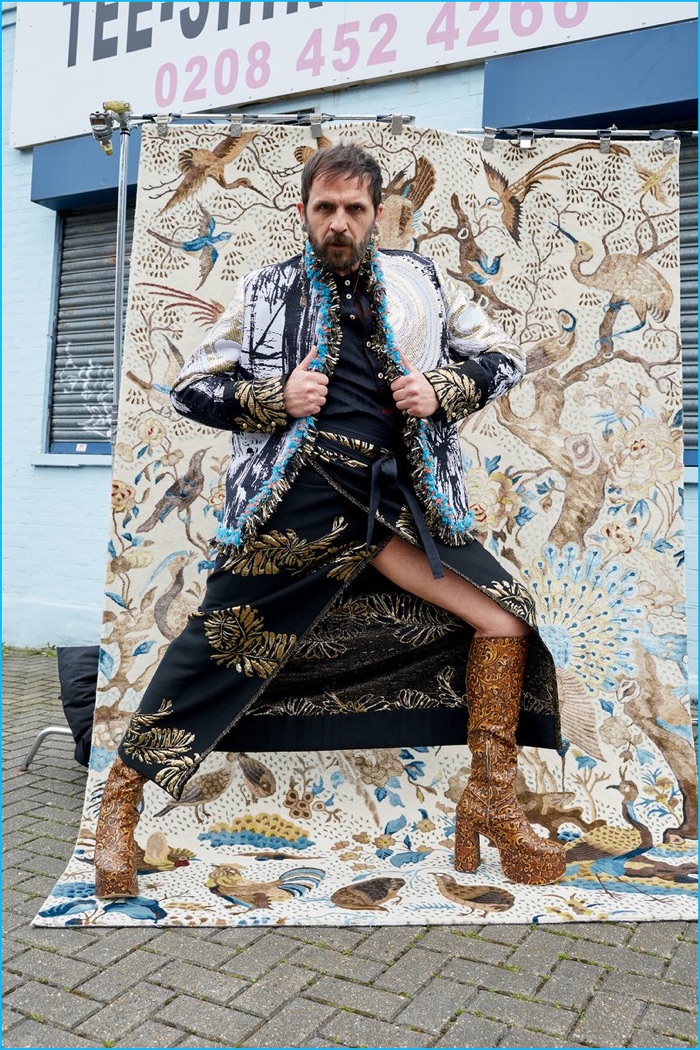Andreas Kronthaler rocks heeled boots for Vivienne Westwood's fall-winter 2016 campaign.