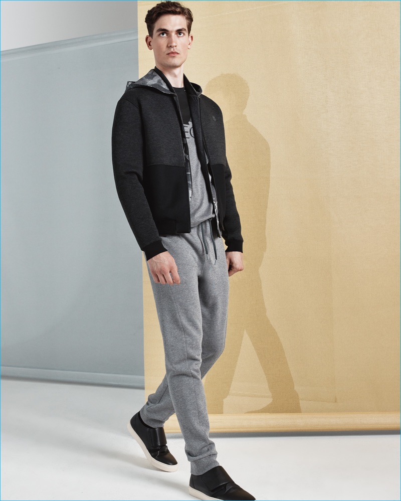 Z Zegna embraces leisure with its grey joggers and hooded sweatshirt for spring-summer 2017.