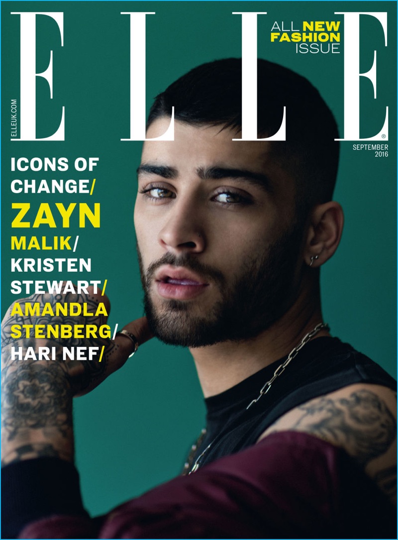 Zayn Malik shows off a hint of his tattoo sleeve for the September 2016 cover of Elle UK.