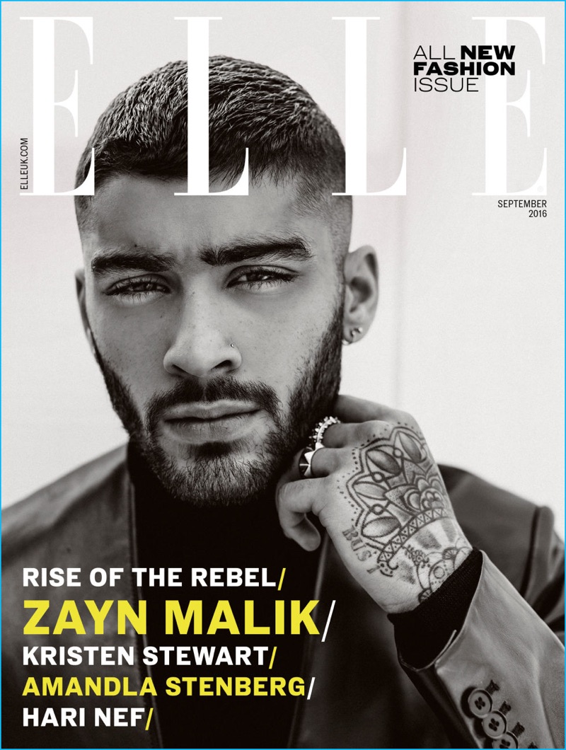 Zayn Malik covers the September 2016 issue of Elle UK with a black & white photo.