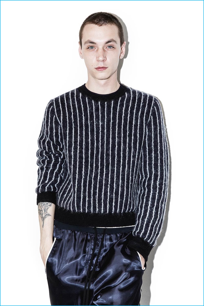 3.1 Phillip Lim Men's Cropped Boxy Pullover Pinstripe Sweater