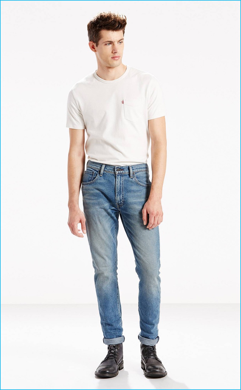 Jamie Wise is front and center in Levi's 505C slim front Tommy jeans, which feature a distressed light rinse.