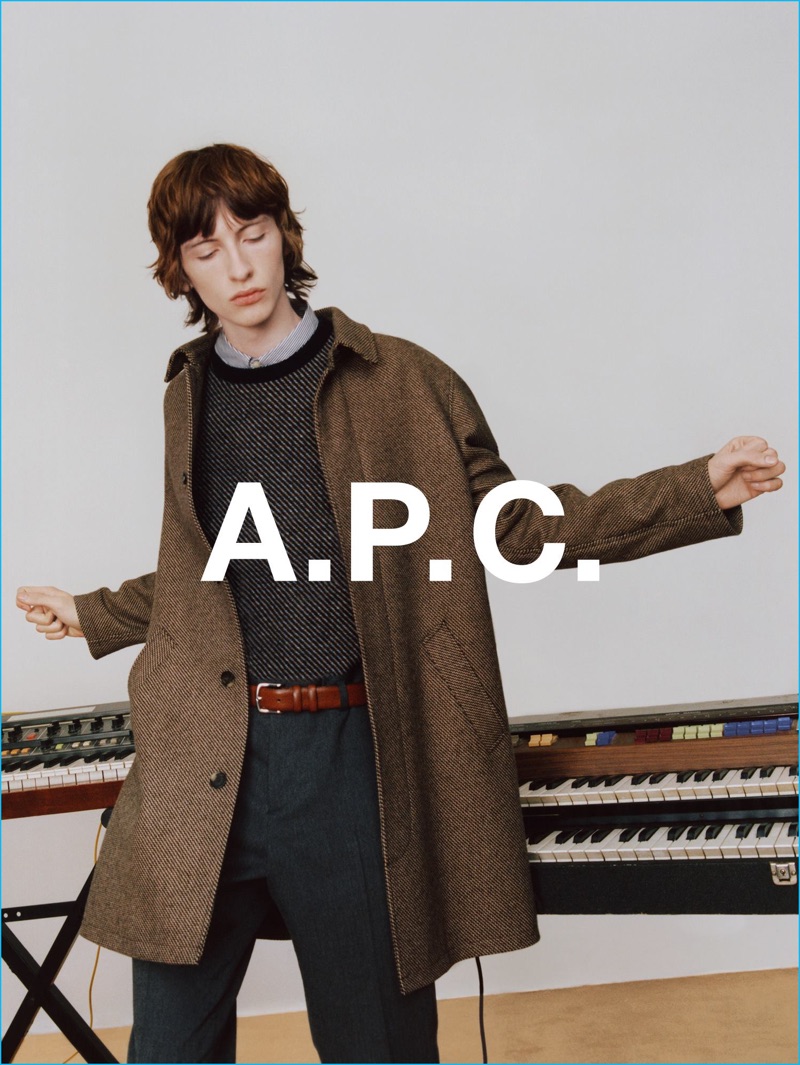 Benno Bulang dons a smart brown coat for A.P.C.'s fall-winter 2016 campaign.
