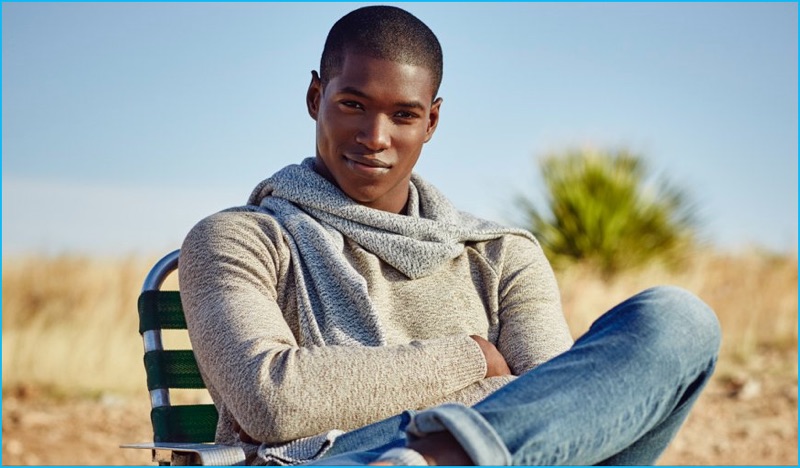 Model Ronald Epps in layered in fall sweaters from Abercrombie & Fitch.