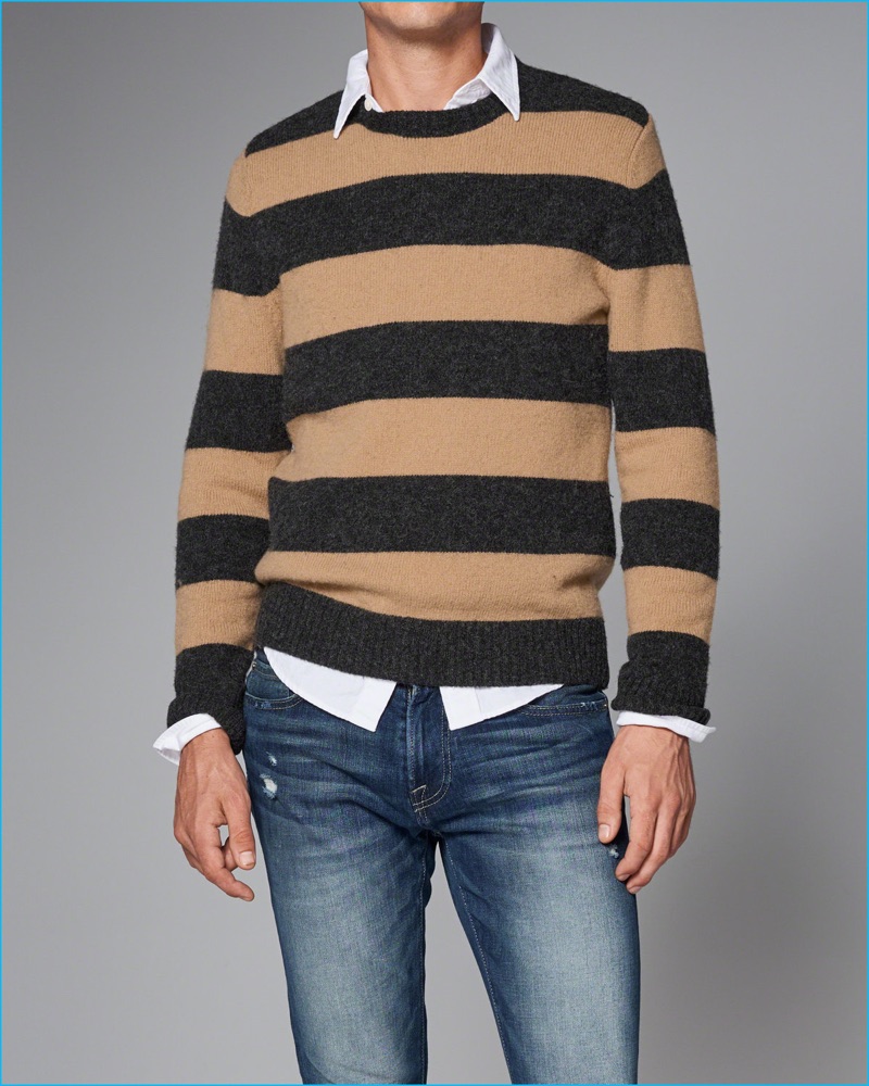 Abercrombie & Fitch Men's Striped Camel Sweater