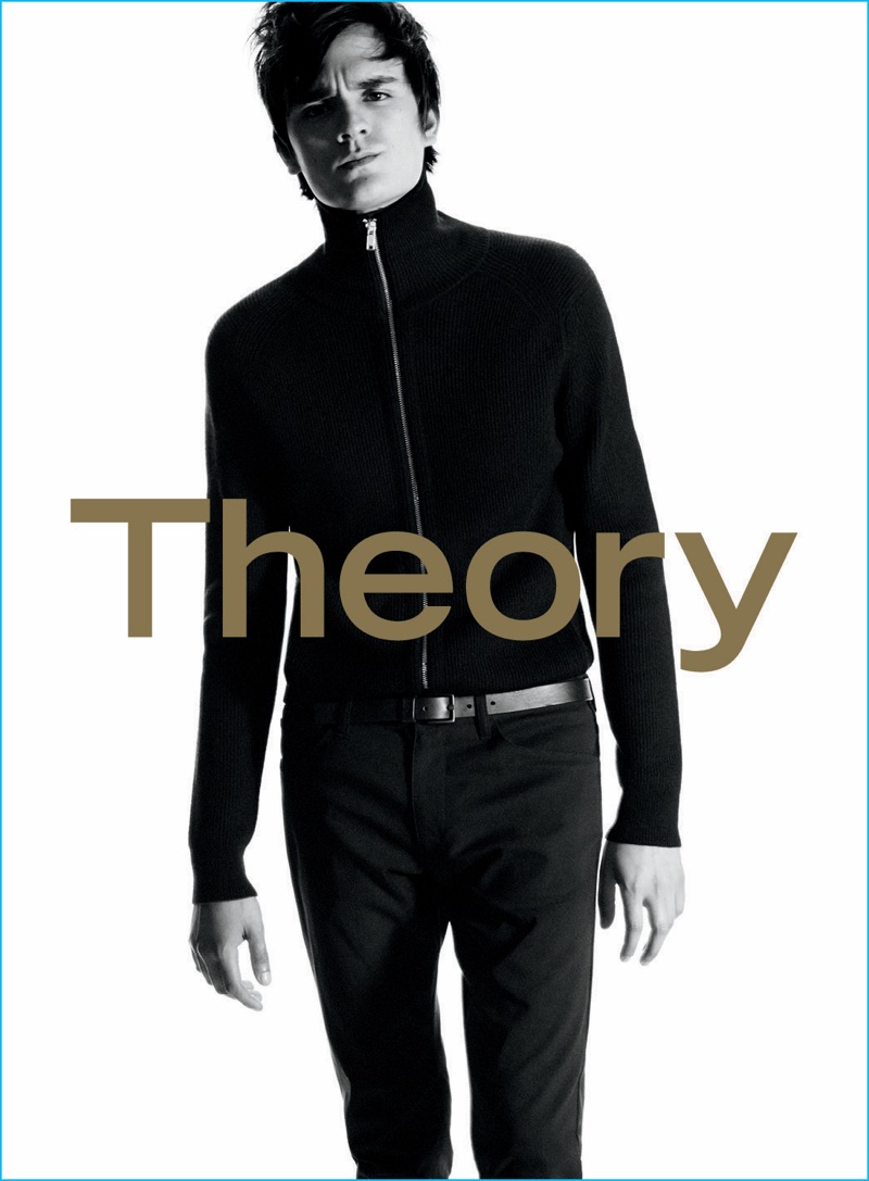 Alain-Fabien Delon sports a fitted track jacket for Theory's fall-winter 2016 advertising campaign.