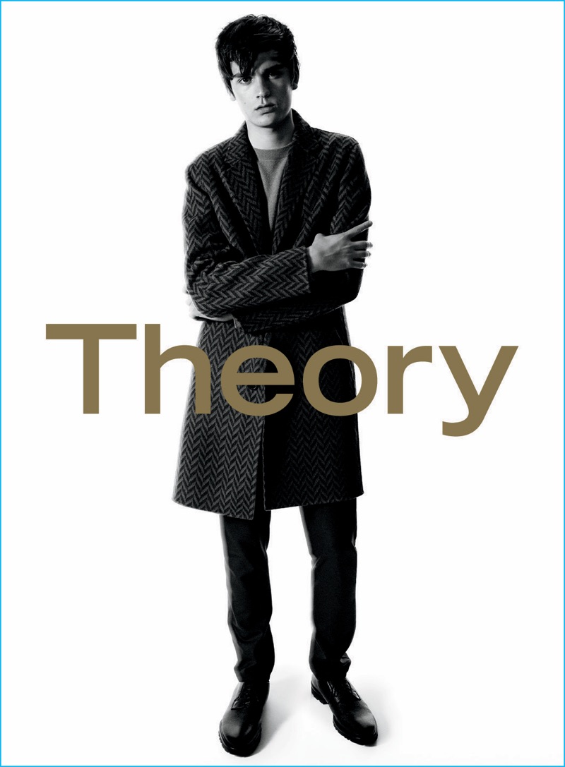 Alain-Fabien Delon dons a long coat for Theory's fall-winter 2016 advertising campaign.