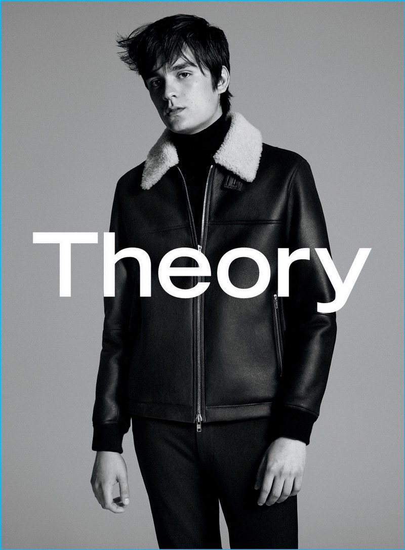 Alain-Fabien Delon pictured in a leather bomber jacket for Theory's fall-winter 2016 advertising campaign.