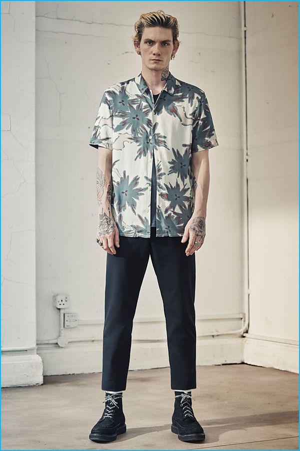 A Japanese-inspired floral print covers this must-have short sleeve shirt.