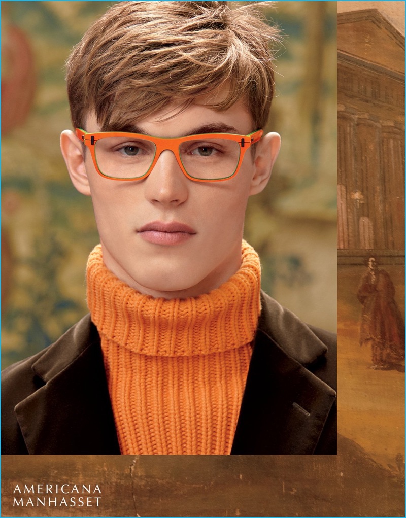 Kit Butler dons bright orange frames from Morgan Frederics. 